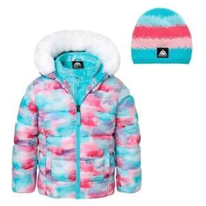 NEW Snozu Kids Girl's Puffer Coat with Knitted Hat, Pastel Multicolor, Size 6